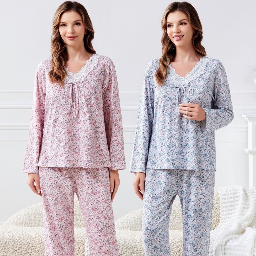 Summer new skin-soothing cotton V-neck lace long-sleeved long pants, loose large-sized pajamas, thin foreign trade style details Picture