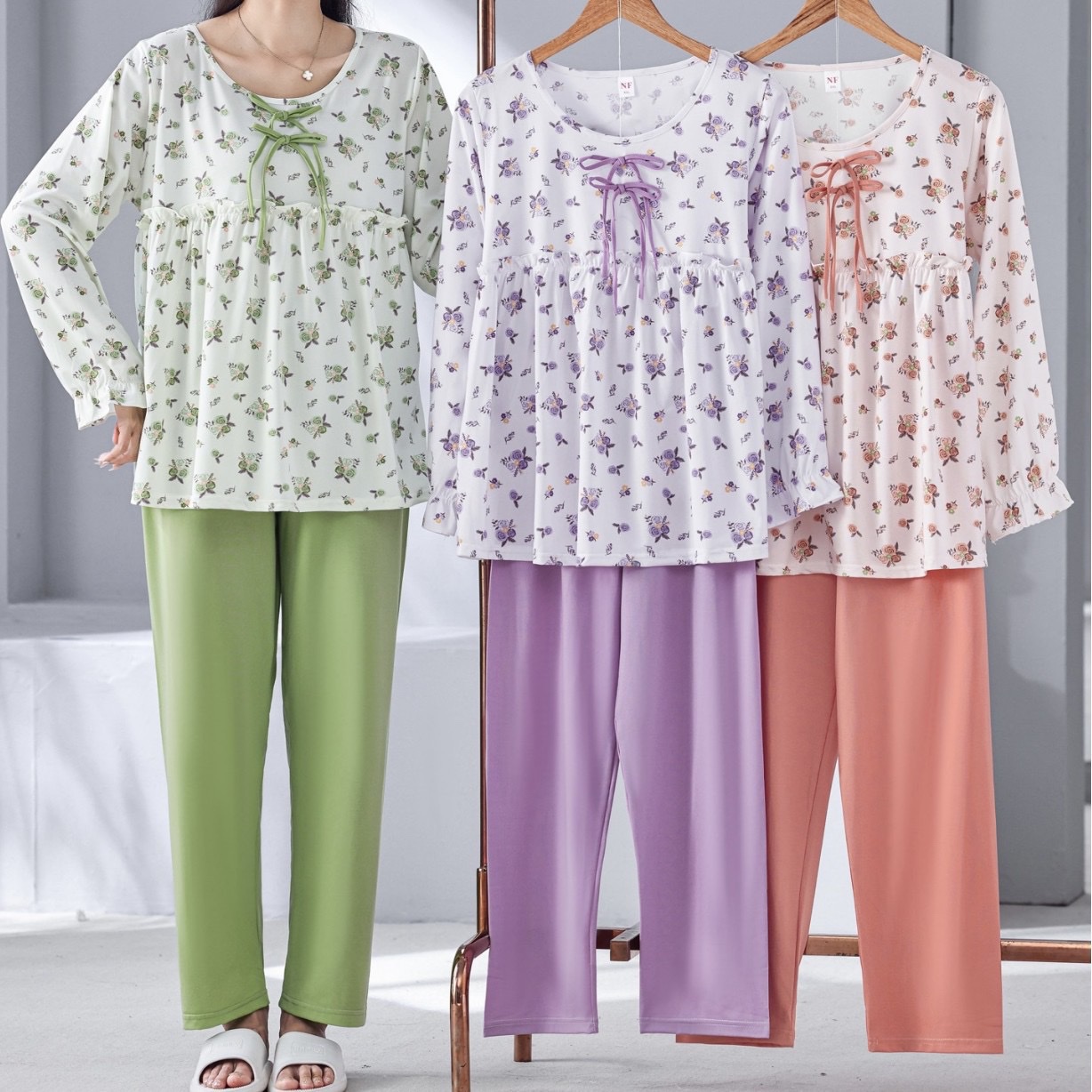 Cross-border pajama women's skin-soothing cotton round-neck long-sleeved long pants new autumn women's large-sized home wear Application Scenario