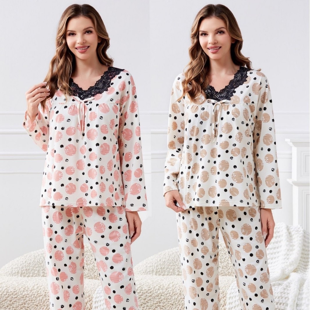 Summer new skin-soothing cotton V-neck lace long-sleeved long pants, loose large-sized pajamas, thin foreign trade style Specification image