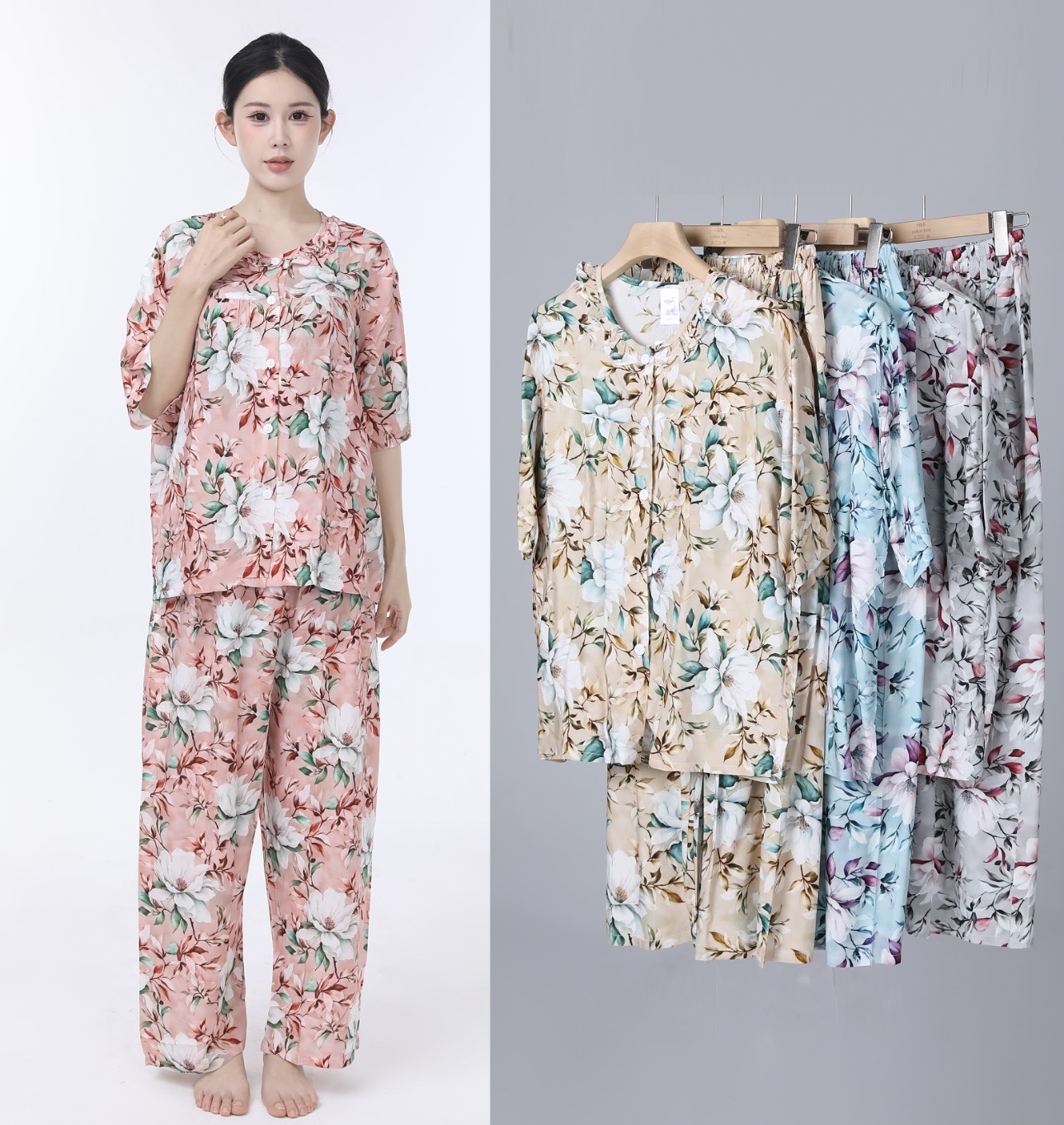 时尚套装人造棉凉快睡衣绵绸休闲家居服春夏秋详情图1