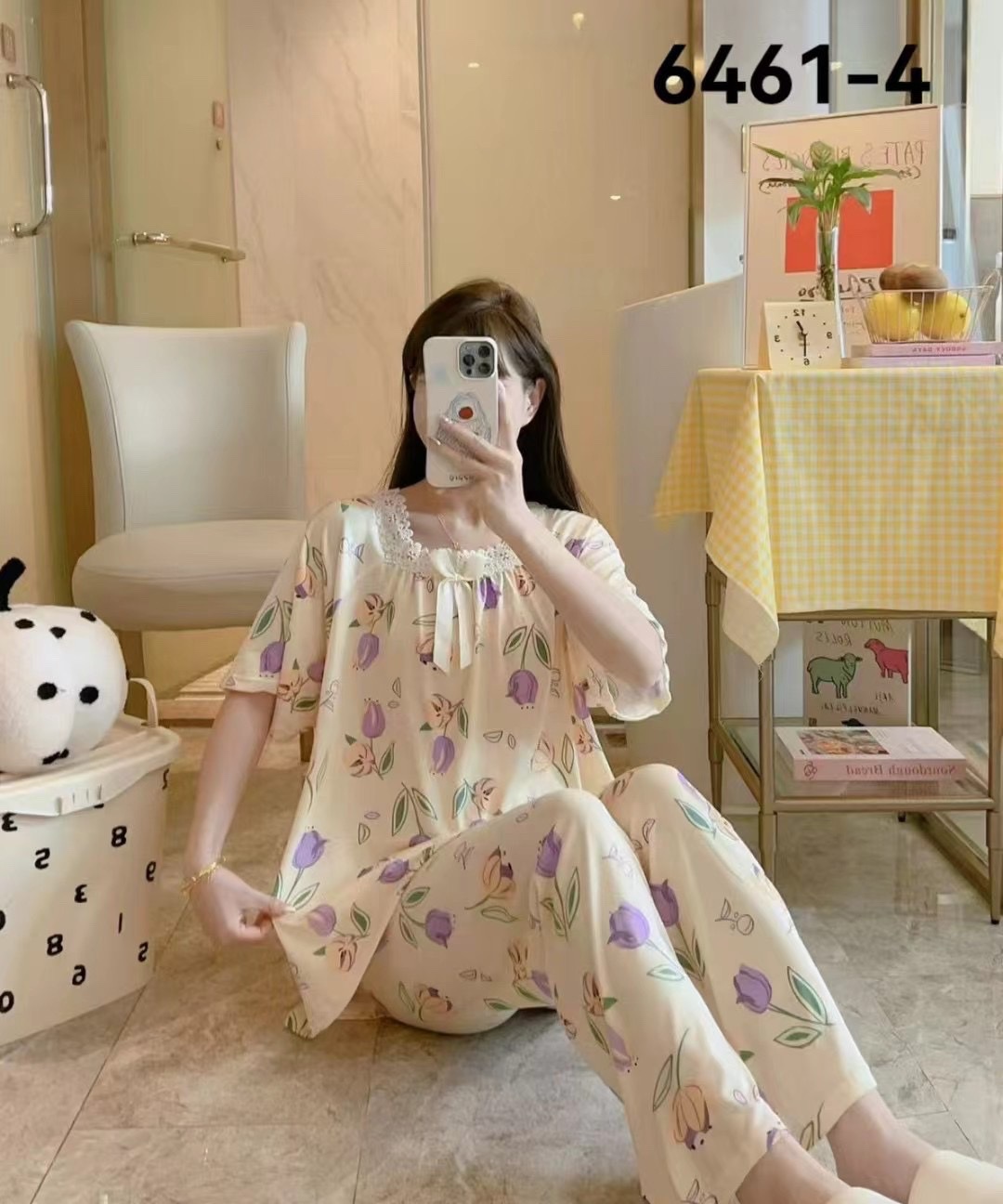 New summer 2024 fashionable and cute milk silk square-neck short-sleeved and long pants home wear set Item Picture