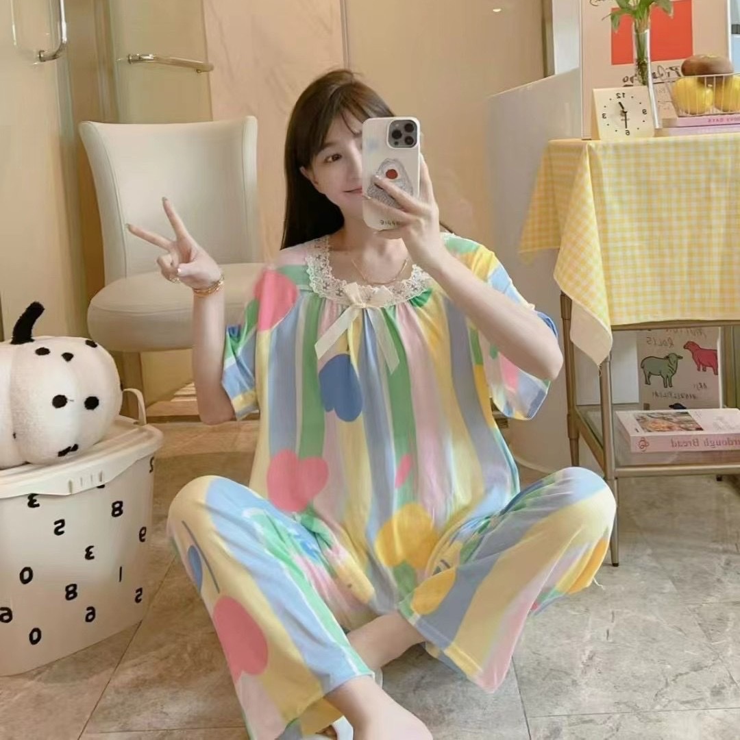 New summer 2024 fashionable and cute milk silk square-neck short-sleeved and long pants home wear set details Picture