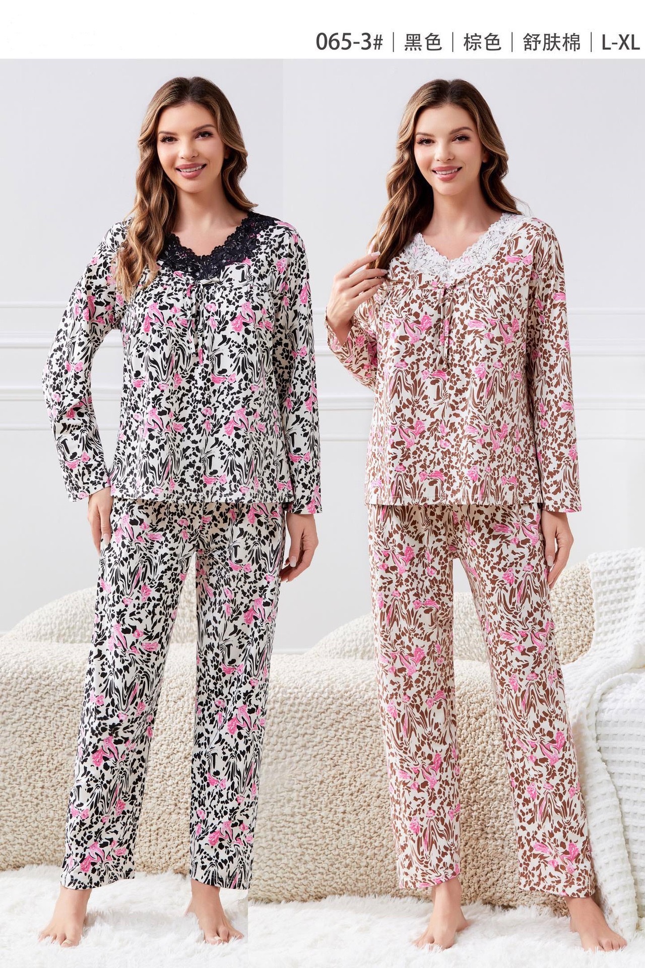 Summer new skin-soothing cotton V-neck lace long-sleeved long pants, loose large-sized pajamas, thin foreign trade style Item Picture