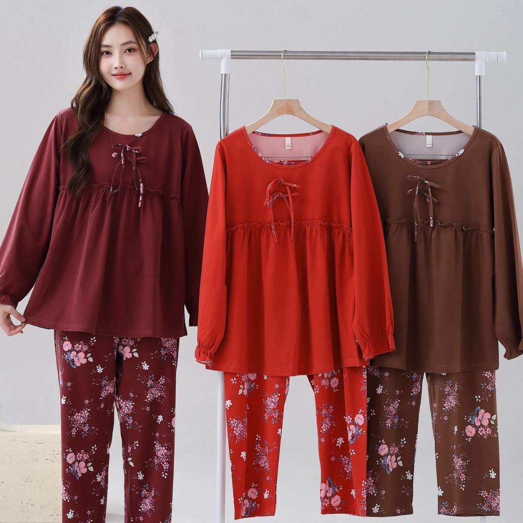 Cross-border pajama women's skin-soothing cotton round-neck long-sleeved long pants new autumn women's large-sized home wear details Picture