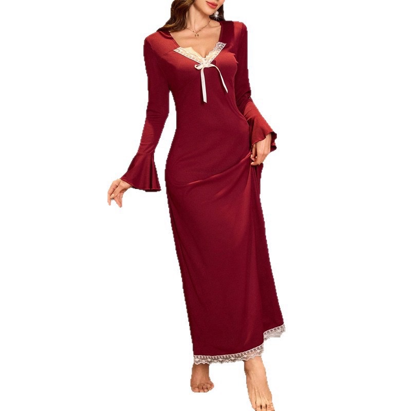 Sweet lace dress, pajamas, new early autumn European and American style, high-end V-neck flared sleeve long dress, home wear Item Picture