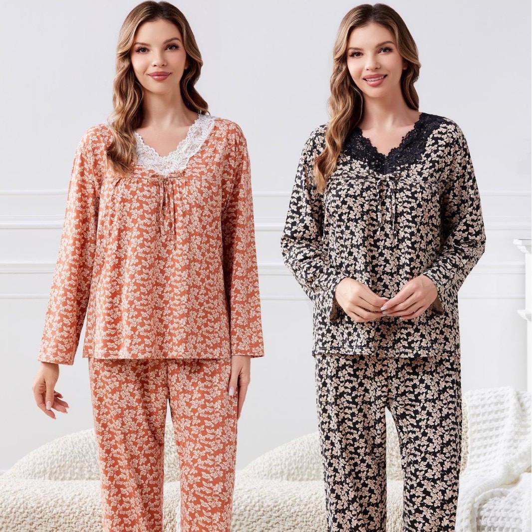 Summer new skin-soothing cotton V-neck lace long-sleeved long pants, loose large-sized pajamas, thin foreign trade style