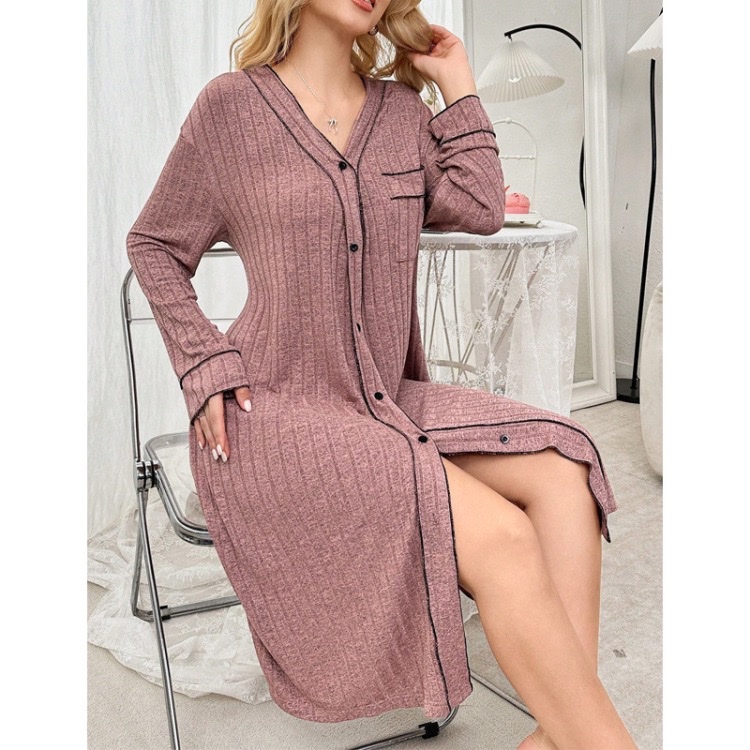 European and American style V-neck long-sleeved cardigan women's pajamas autumn and winter new sleeping skirts striped comfortable dresses home wear trend