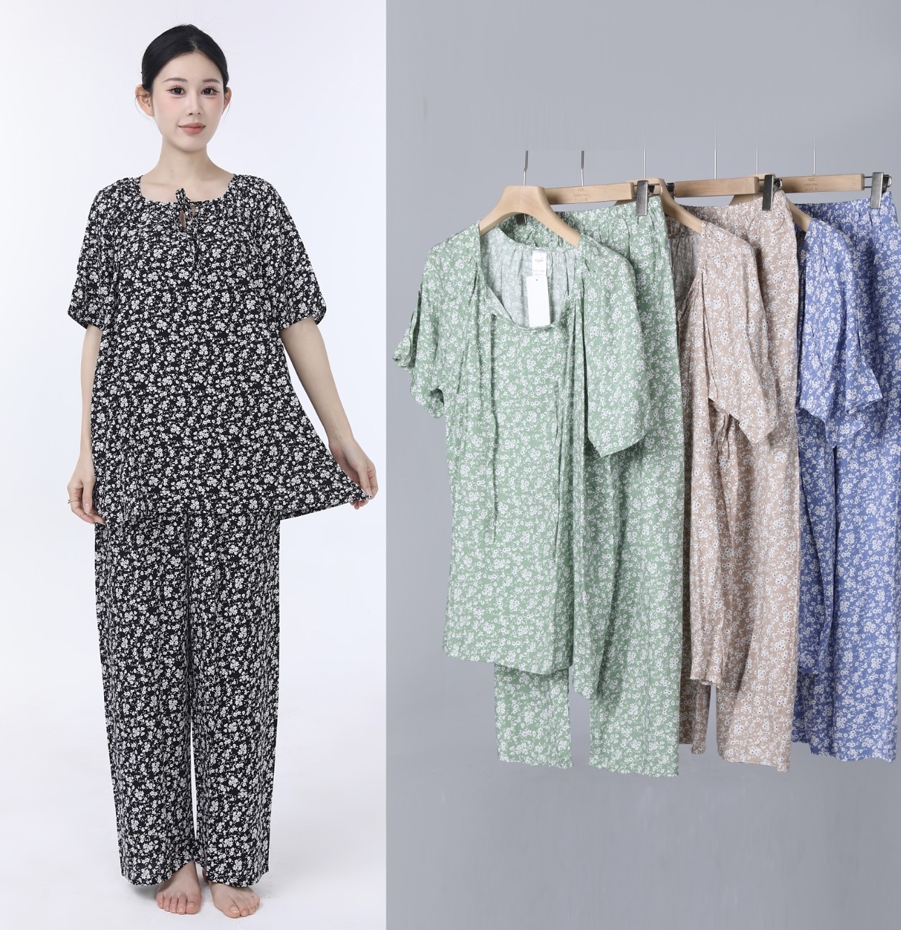 时尚套装人造棉凉快睡衣绵绸休闲家居服春夏秋