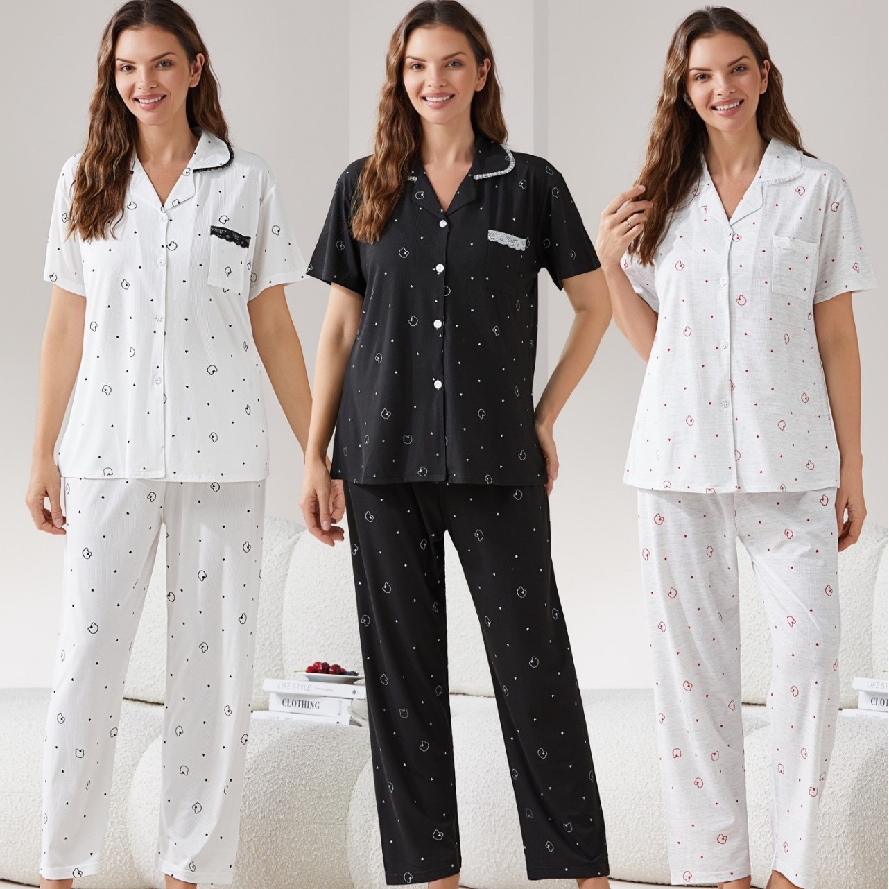 New reverse collar cardigan, pajamas, women's ribbed reverse collar short-sleeved shirts, long pants and small floral home wear for foreign trade Application Scenario