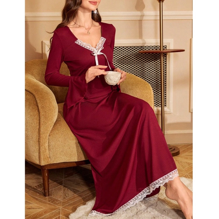 Sweet lace dress, pajamas, new early autumn European and American style, high-end V-neck flared sleeve long dress, home wear