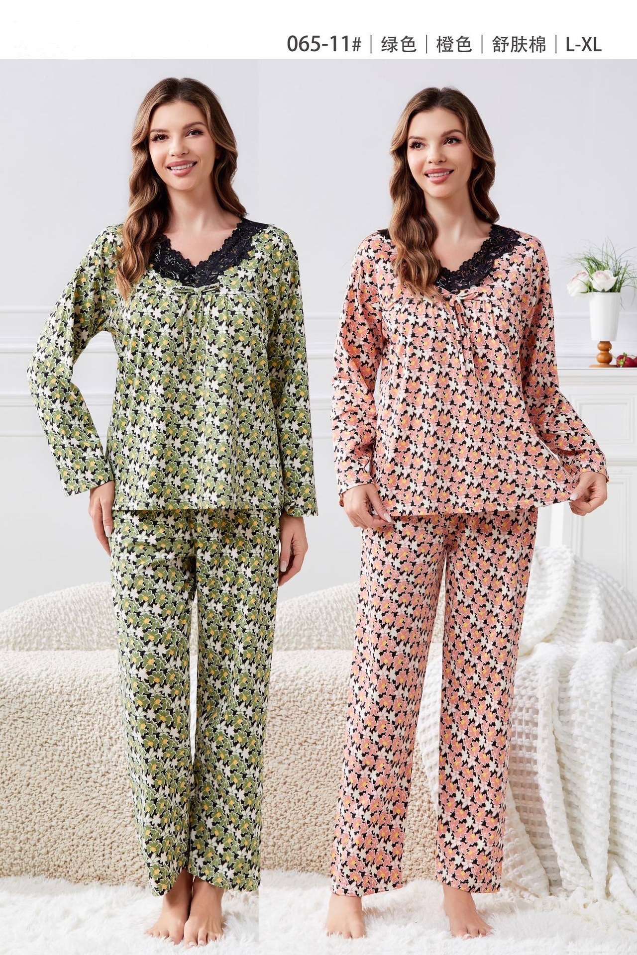 Summer new skin-soothing cotton V-neck lace long-sleeved and long pants loose large-sized pajamas thin foreign trade style home wear women's pajamas Application Scenario