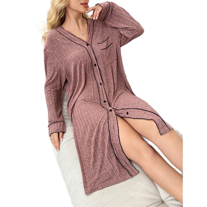 European and American style V-neck long-sleeved cardigan women's pajamas autumn and winter new sleeping skirts striped comfortable dresses home wear trend Item Picture