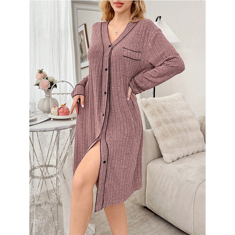 European and American style V-neck long-sleeved cardigan women's pajamas autumn and winter new sleeping skirts striped comfortable dresses home wear trend Application Scenario