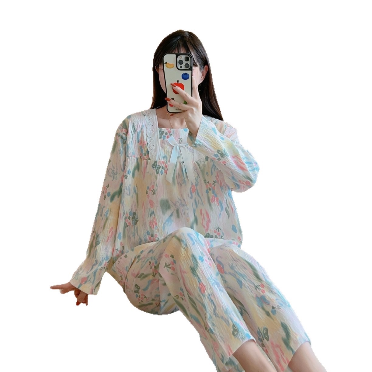 Spring and autumn new cloud cotton women's small floral long-sleeved shirts and long pants with square collars and lace cute style thin women's home wear Item Picture