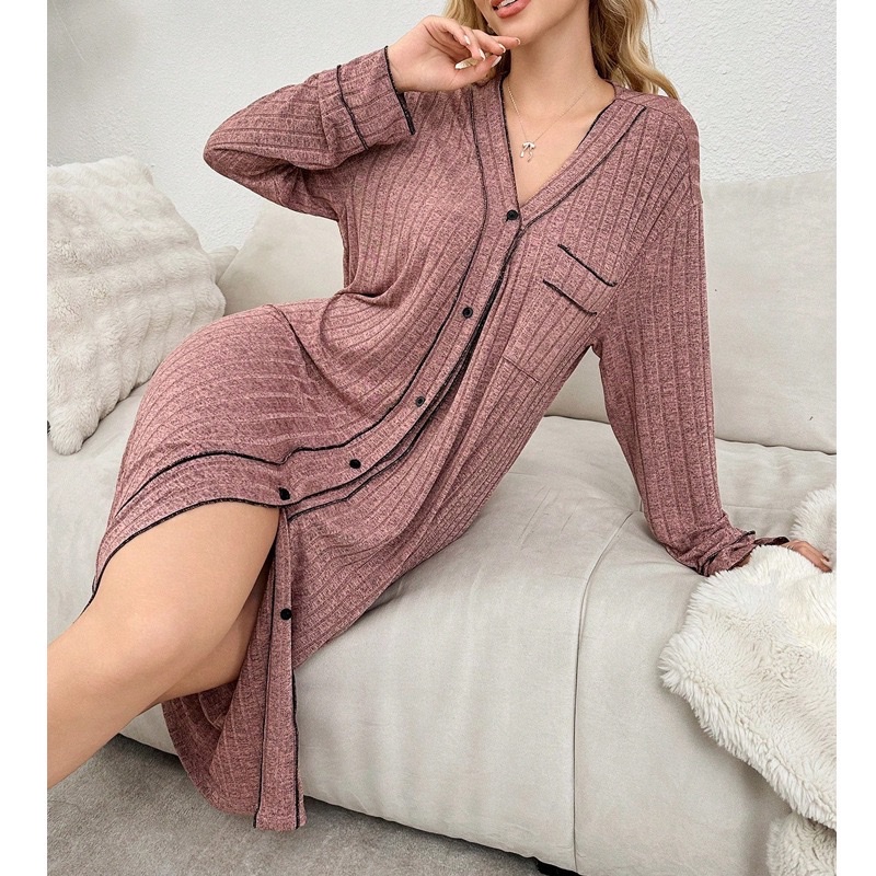 European and American style V-neck long-sleeved cardigan women's pajamas autumn and winter new sleeping skirts striped comfortable dresses home wear trend Specification image