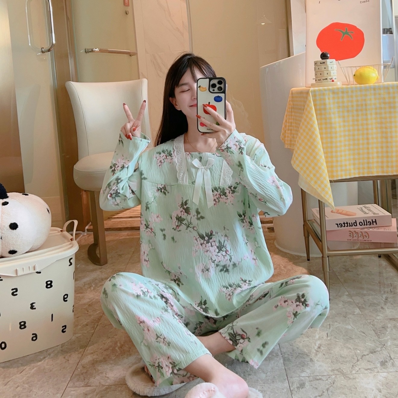Spring and autumn new cloud cotton women's small floral long-sleeved shirts and long pants with square collars and lace cute style thin women's home wear details Picture