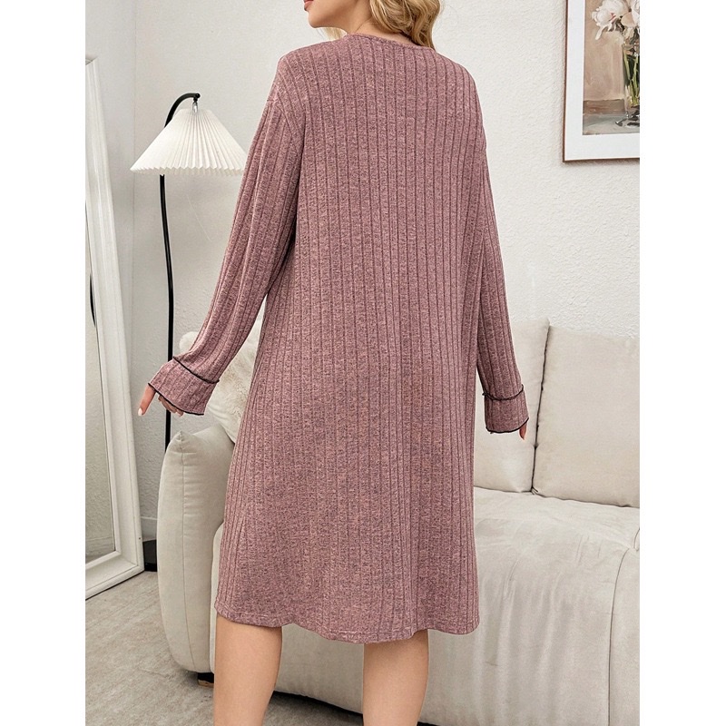 European and American style V-neck long-sleeved cardigan women's pajamas autumn and winter new sleeping skirts striped comfortable dresses home wear trend details Picture