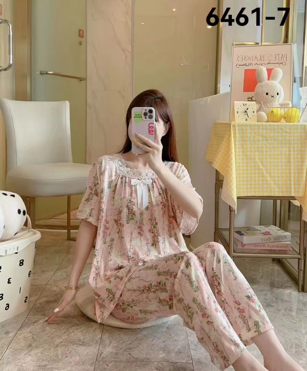 New summer 2024 fashionable and cute milk silk square-neck short-sleeved and long pants home wear set Specification image
