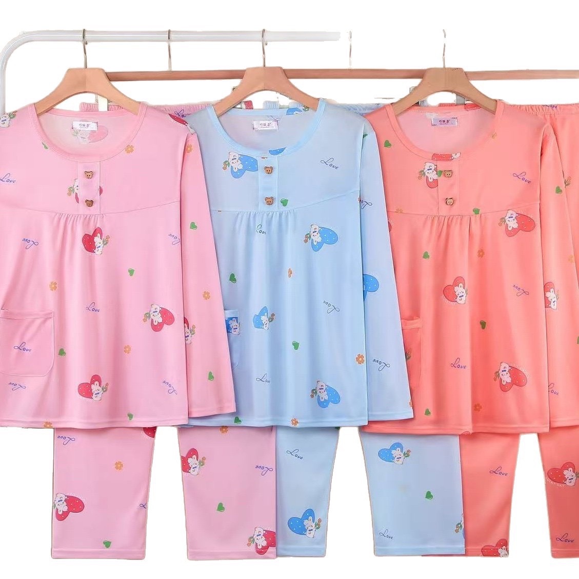 Spring and autumn loose pajama set, double-sided milk silk round-neck long-sleeved long pants casual home set