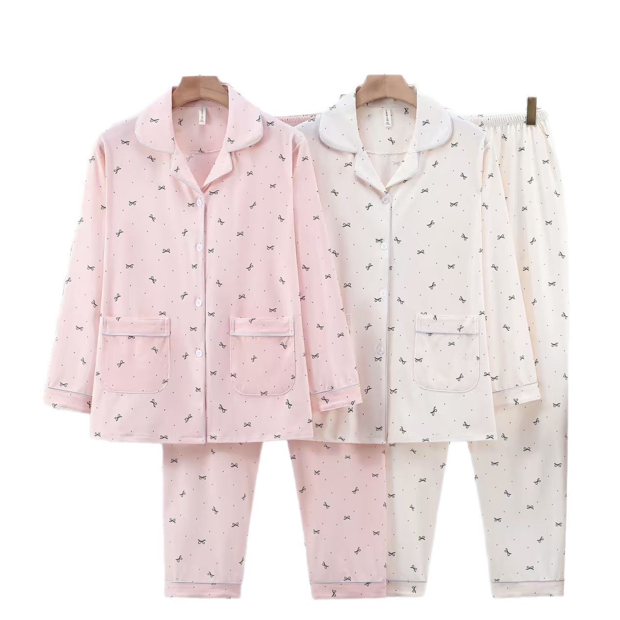 Spring and autumn women's long-sleeved shirts, long pants, cotton-like pull-up cardigans, lapel women's home wear, casual sets, home wear, pajamas, women's pajamas Item Picture