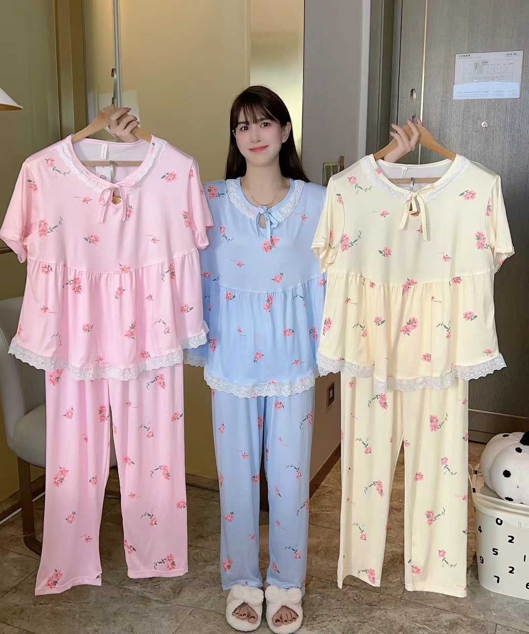 Summer new milk silk round-neck lace small floral loose short-sleeved and long pants set for home wear Specification image