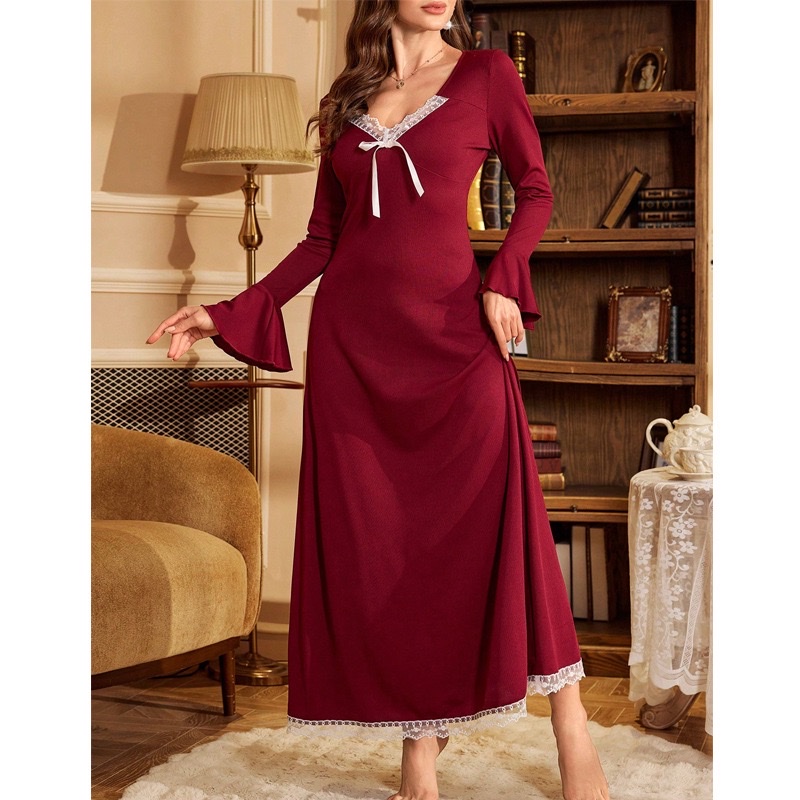 Sweet lace dress, pajamas, new early autumn European and American style, high-end V-neck flared sleeve long dress, home wear Application Scenario