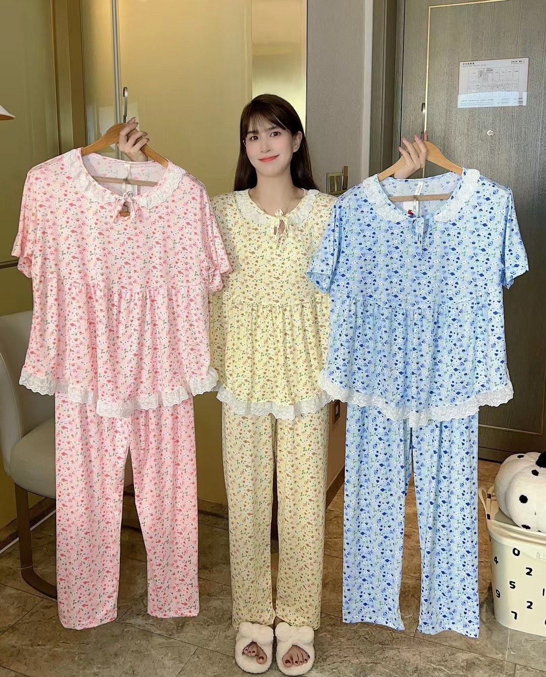夏季新款牛奶丝圆领花边小碎花宽松短袖长裤套装家居服
