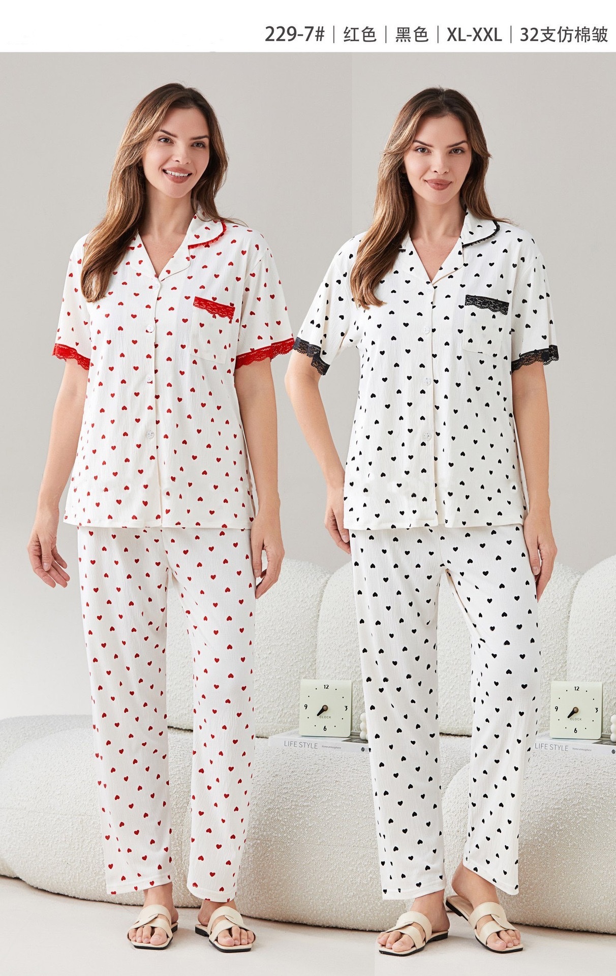 Spring foreign trade women's pajamas, short sleeves and long pants, European and American style cotton-like wrinkled fabric home wear set details Picture