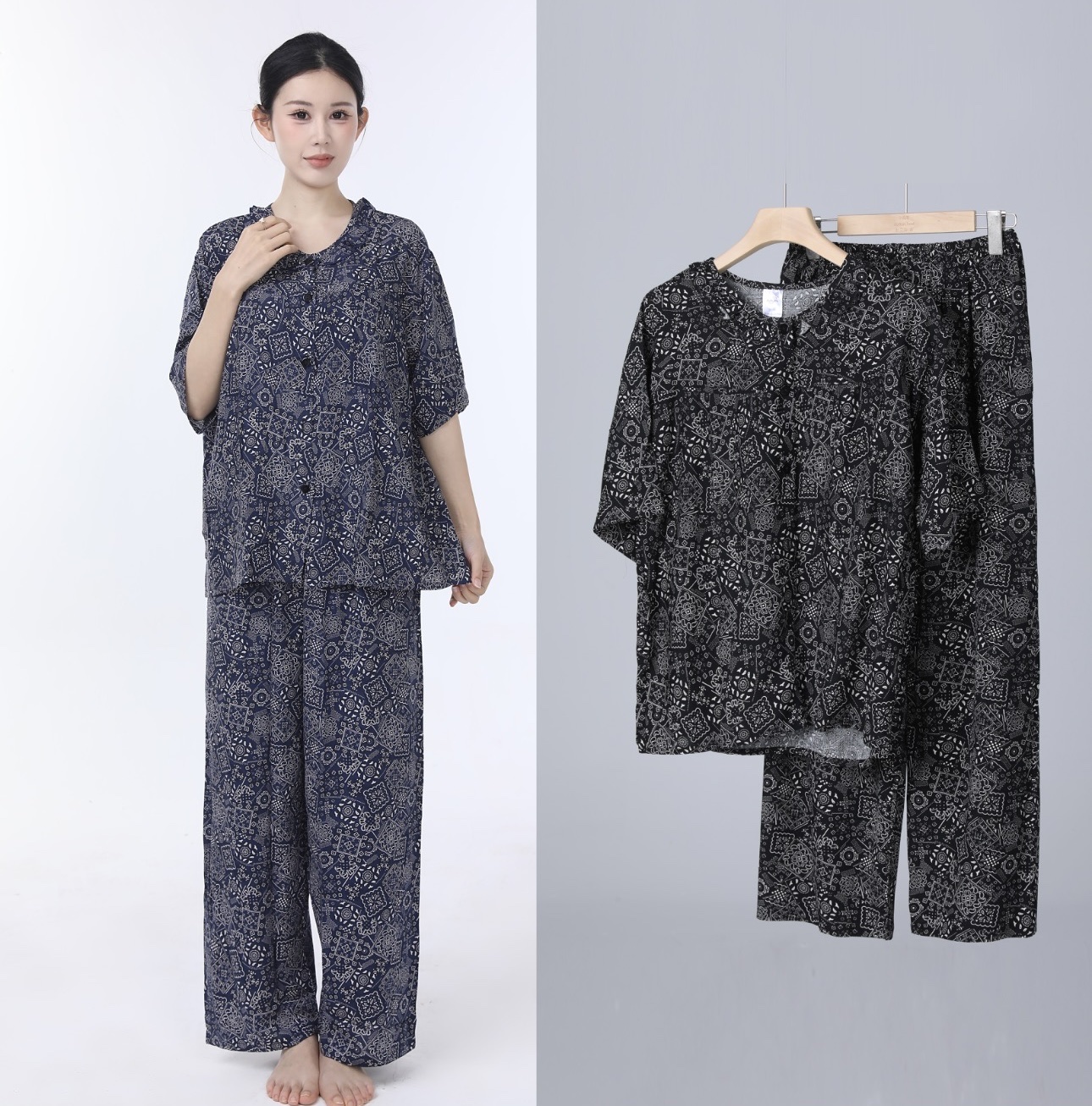 时尚套装人造棉凉快睡衣绵绸休闲家居服春夏秋详情图2