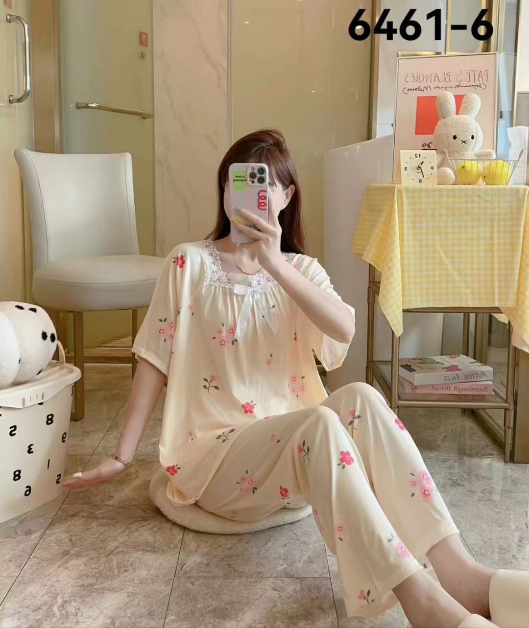 New summer 2024 fashionable and cute milk silk square-neck short-sleeved and long pants home wear set Application Scenario