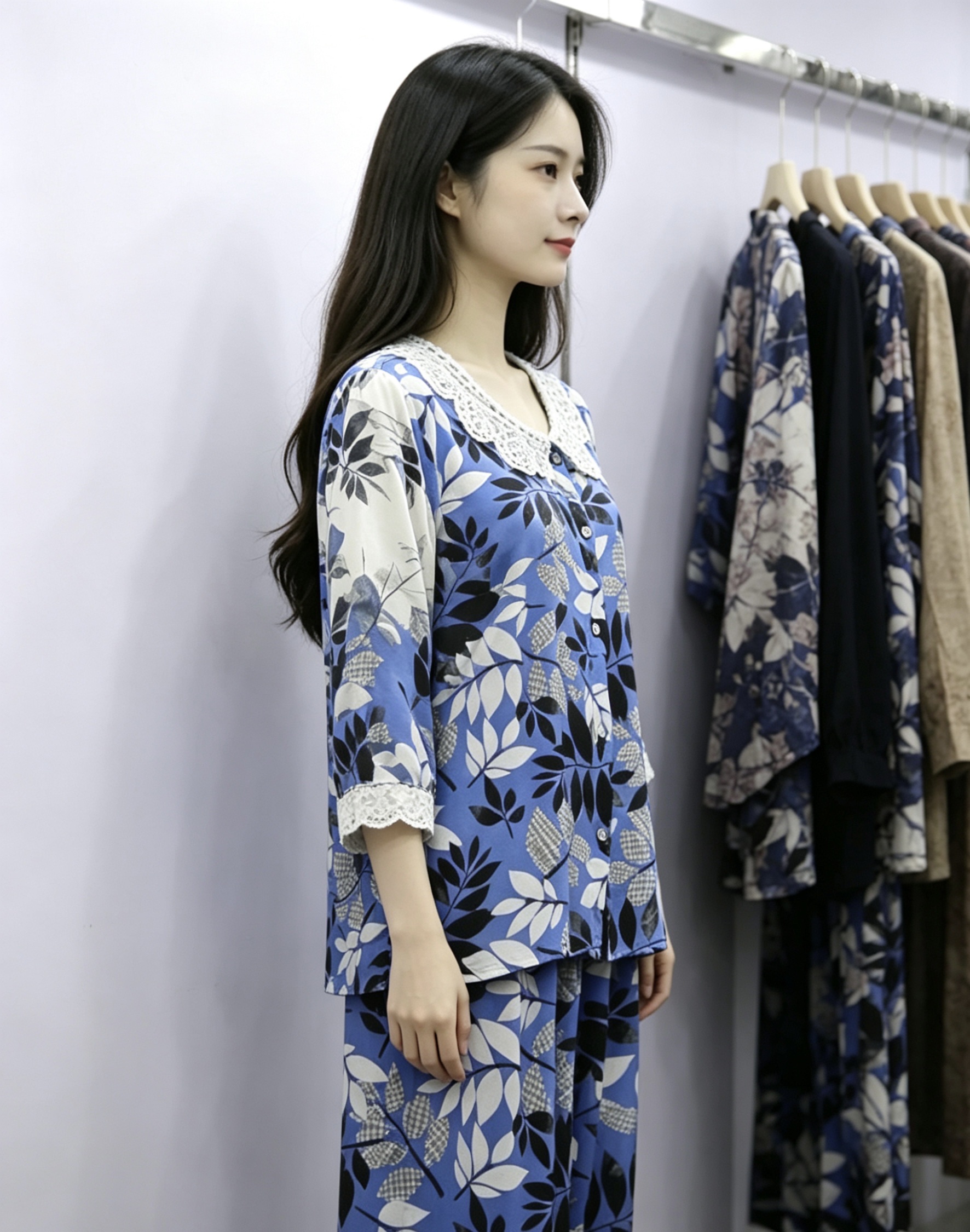 蓝色花卉图案女性睡衣套装女式居家家居服宽松舒适