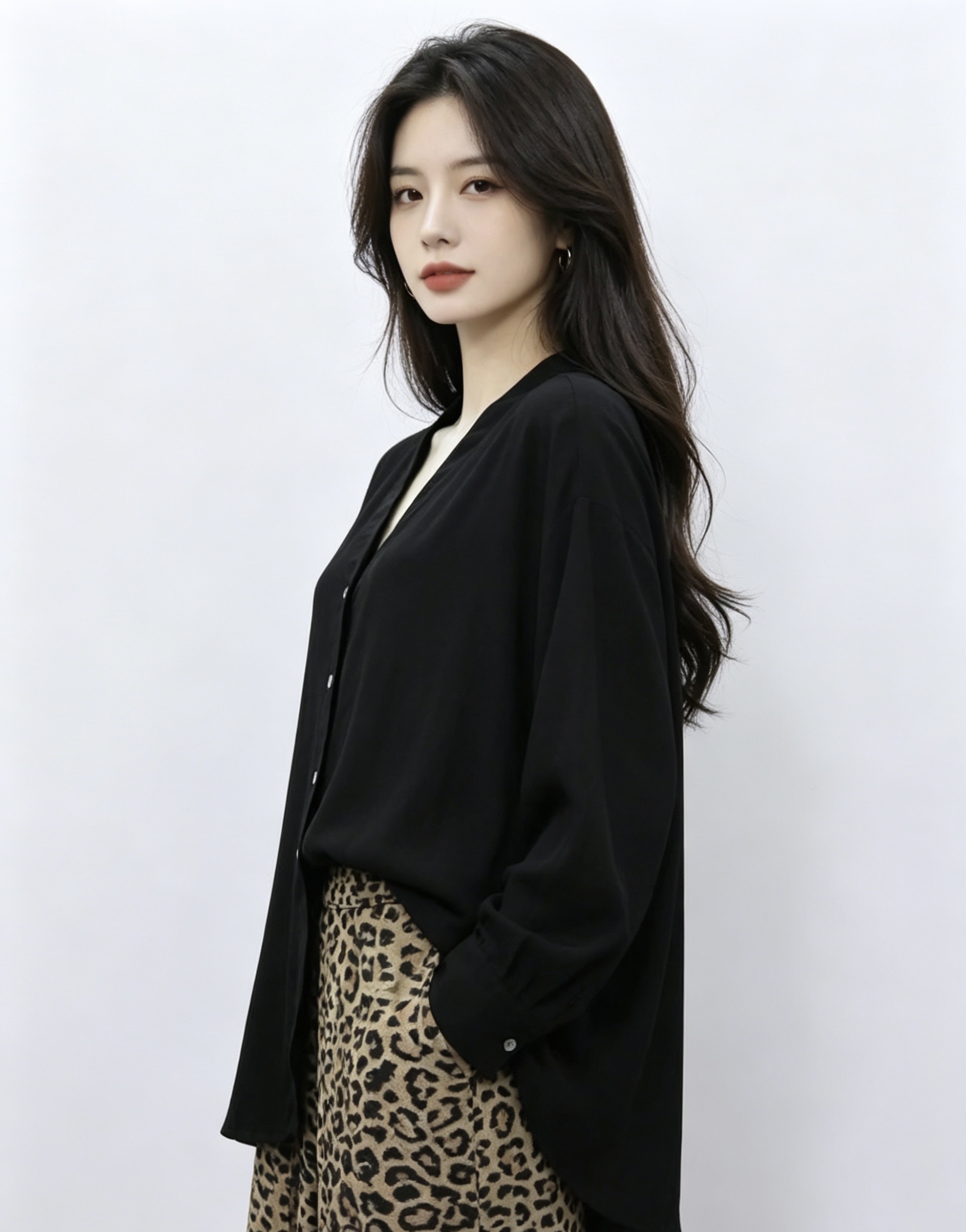 Black V-neck long-sleeved shirt, leopard print long pants set, slimming and form-fitting daily wear, pajamas, women's summer pajama pants, home wear Specification image