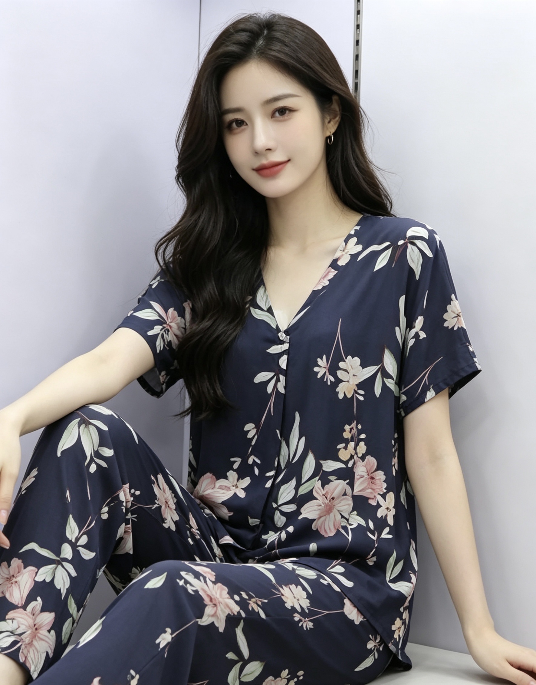 Dark blue floral pattern women's pajama set Item Picture