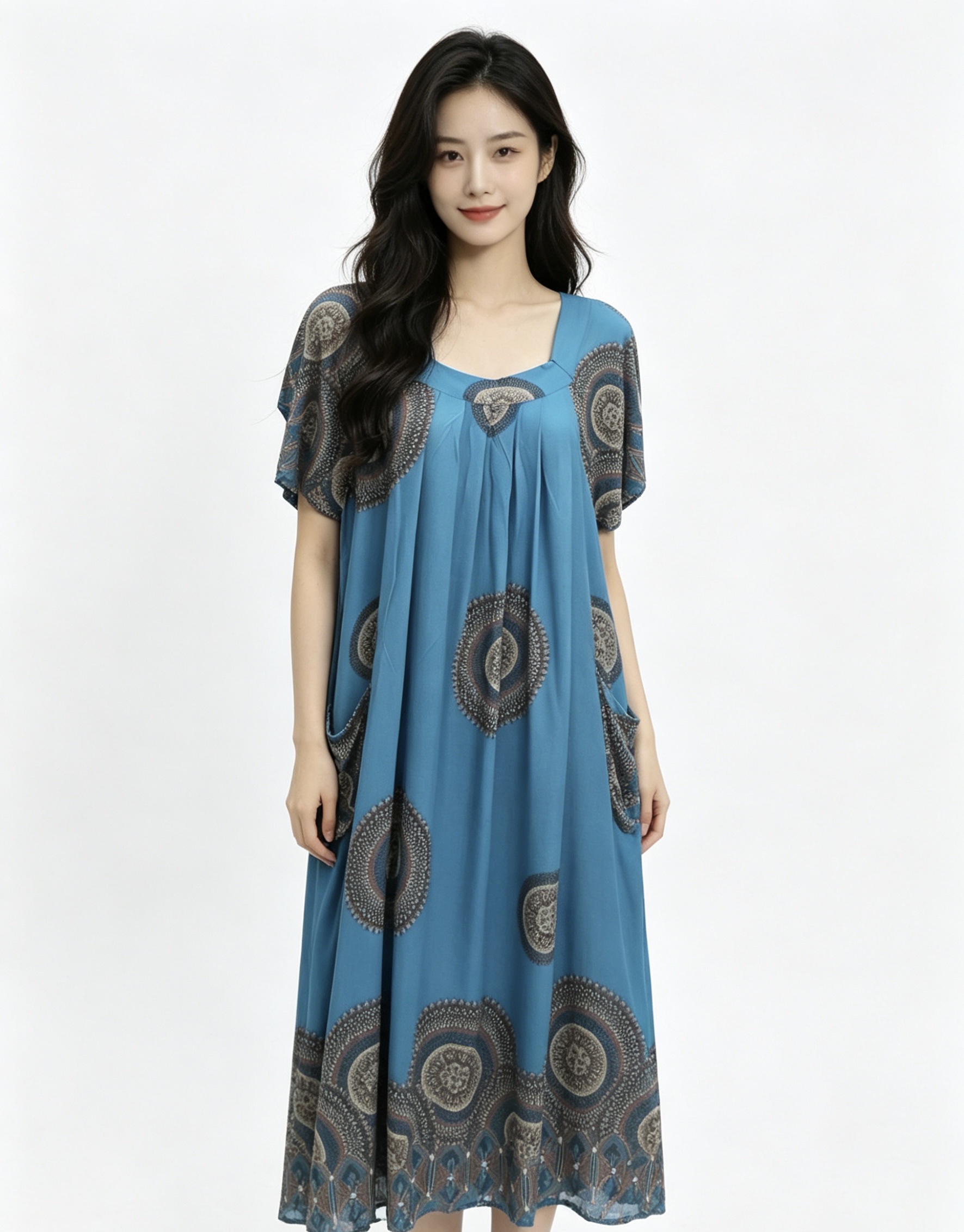 蓝色印花长裙女士家居服长裙展示连衣裙春夏新款修身显瘦连衣裙白底实物图