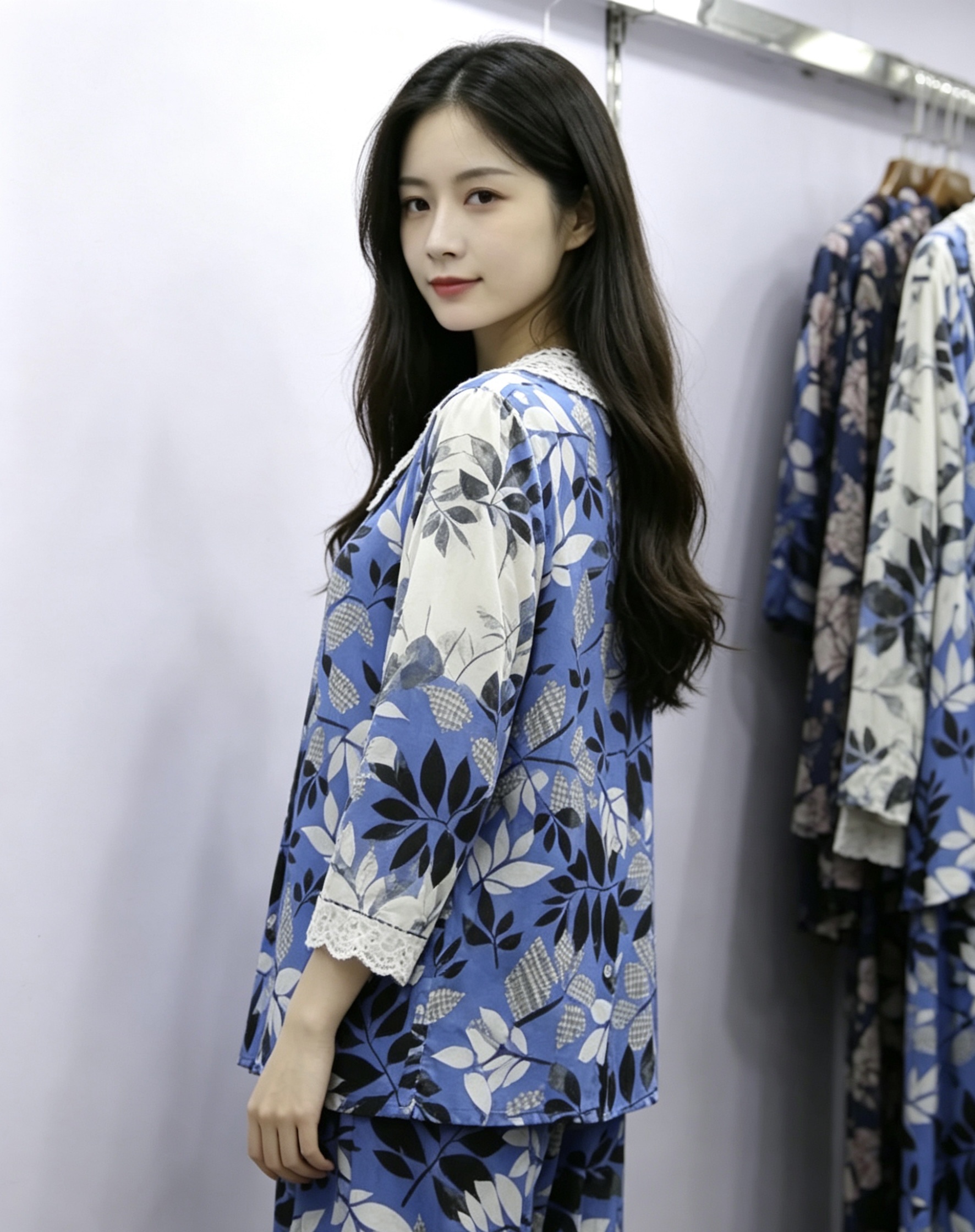 蓝色花卉图案女性睡衣套装女式居家家居服宽松舒适产品图