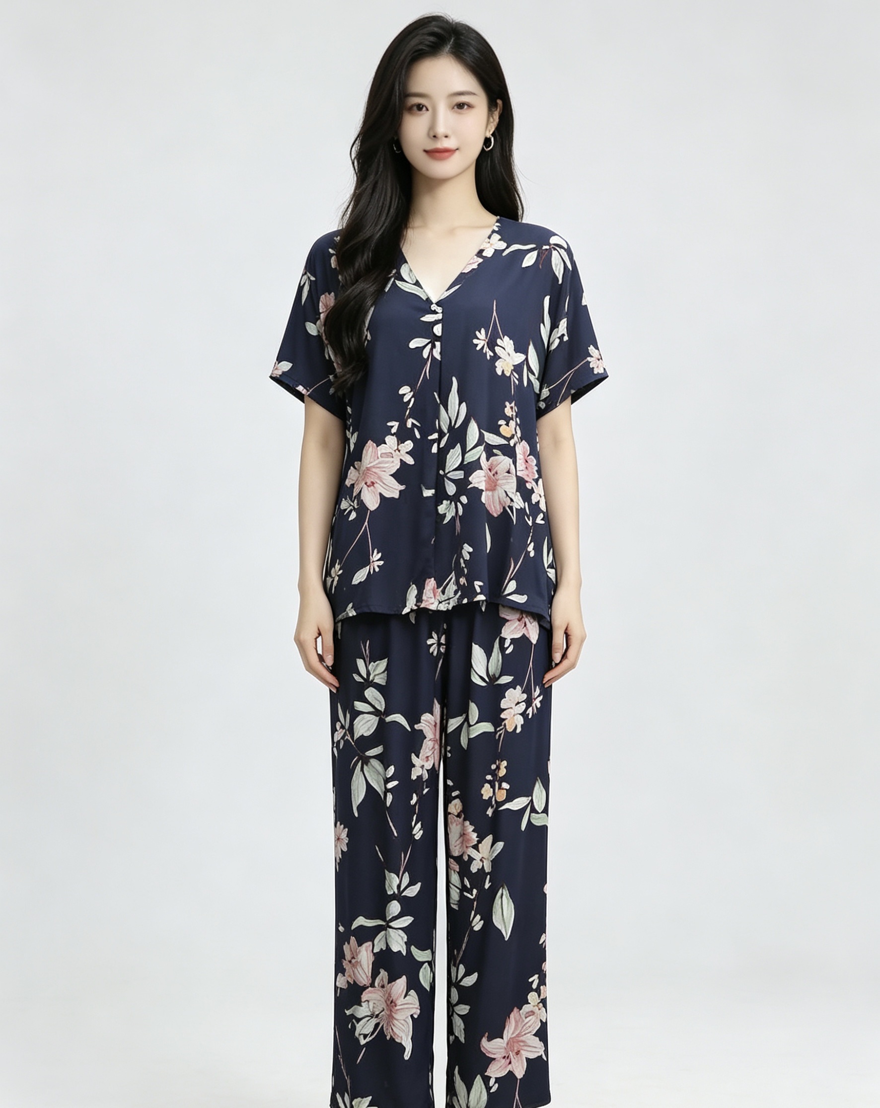 Dark blue floral pattern women's pajama set