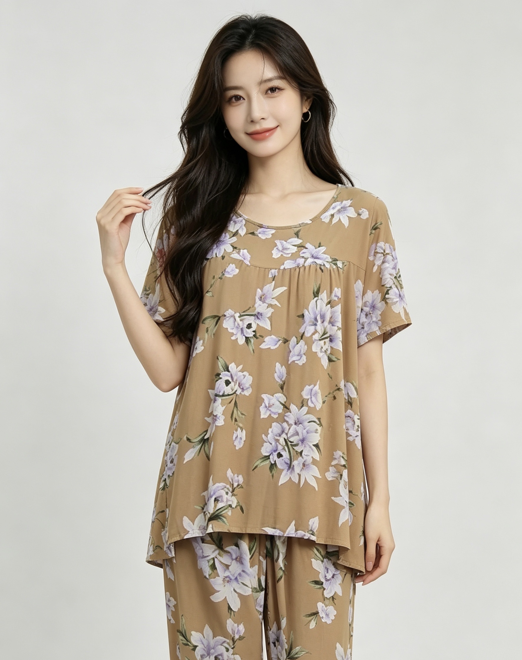 Floral pattern pajama set, women's pajama style, home casual wear, women's summer pajama and pajama pants Specification image