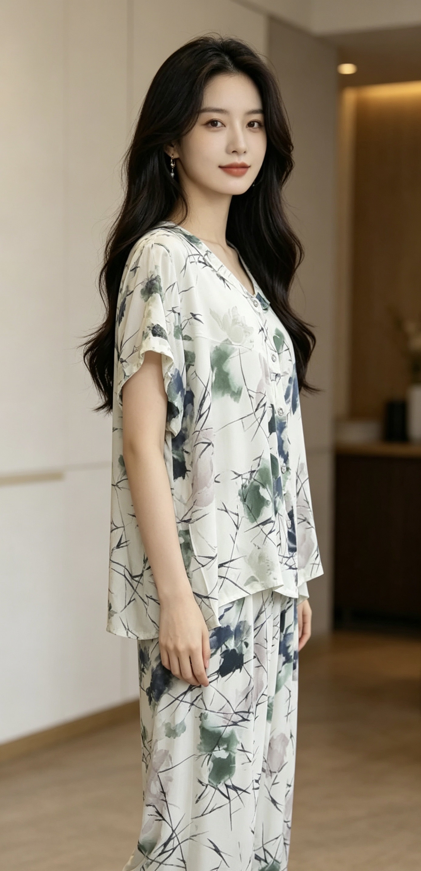 Printed pajama set for female models, comfortable and casual home wear Specification image