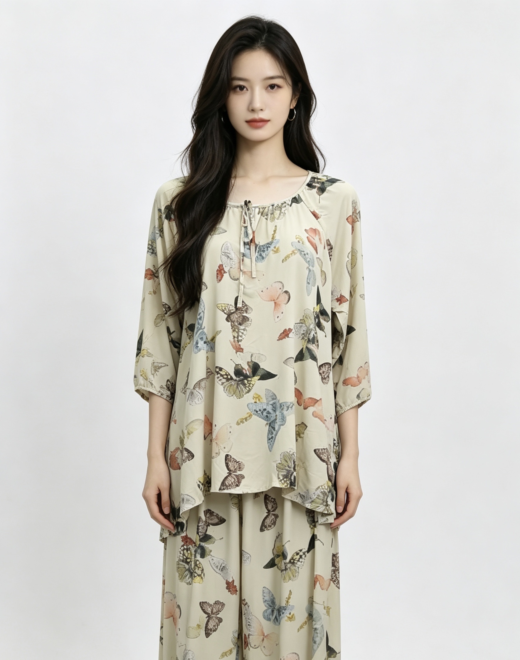 蝴蝶印花雪纺连衣裙女夏季修身显瘦睡衣女夏家居服
