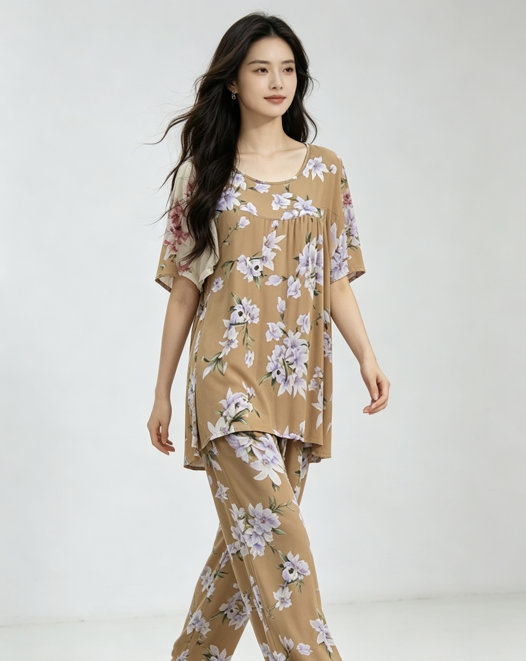 Floral pattern pajama set, women's pajama style, home casual wear, women's summer pajama and pajama pants