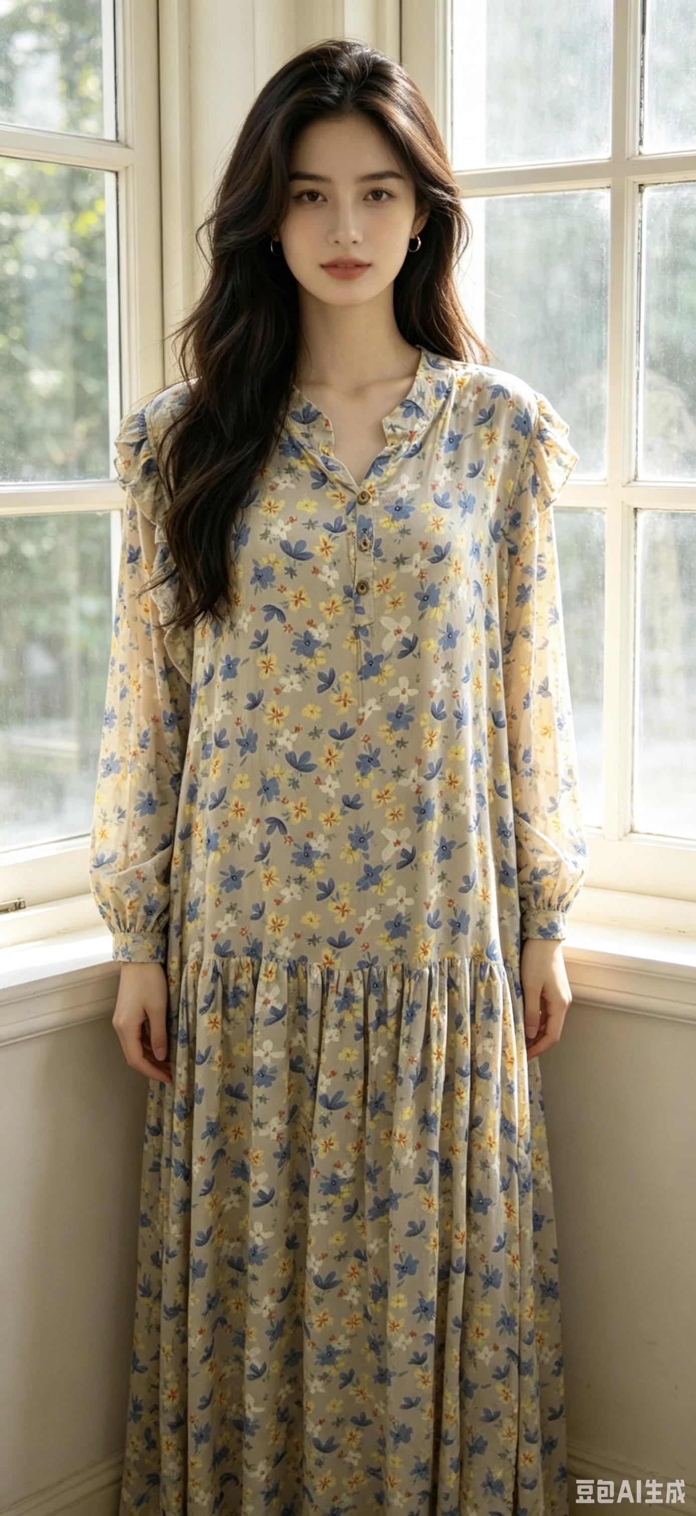 花卉图案印花连衣裙女夏季碎花长裙显瘦修身连衣裙白底实物图