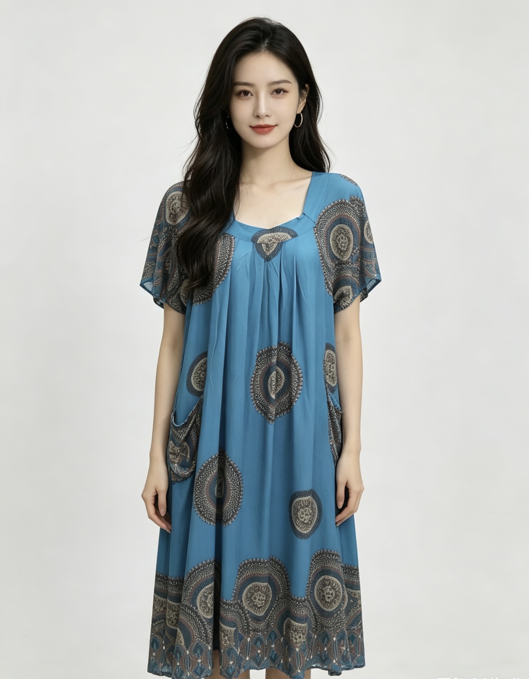 蓝色印花长裙女士家居服长裙展示连衣裙春夏新款修身显瘦连衣裙