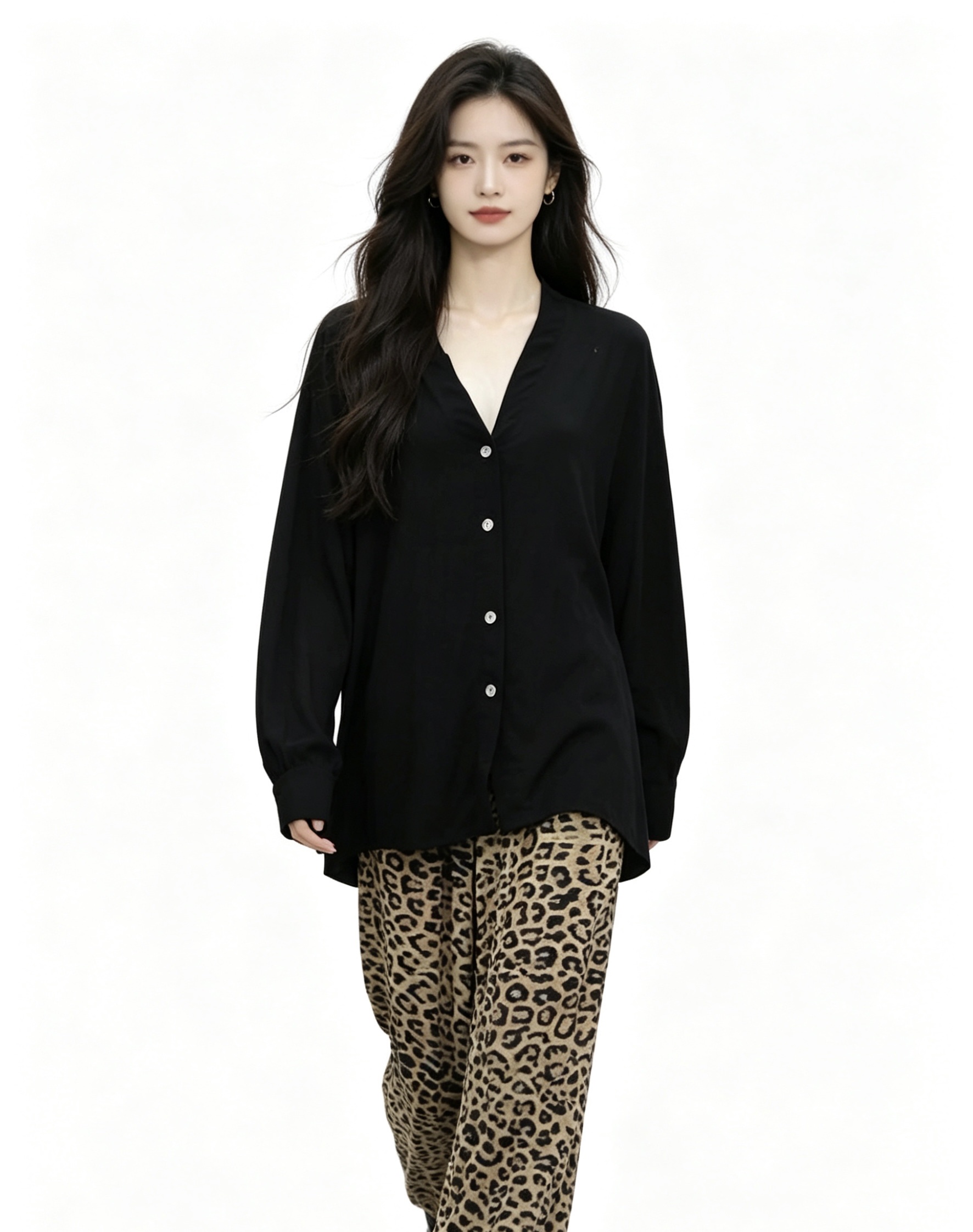 Black V-neck long-sleeved shirt, leopard print long pants set, slimming and form-fitting daily wear, pajamas, women's summer pajama pants, home wear