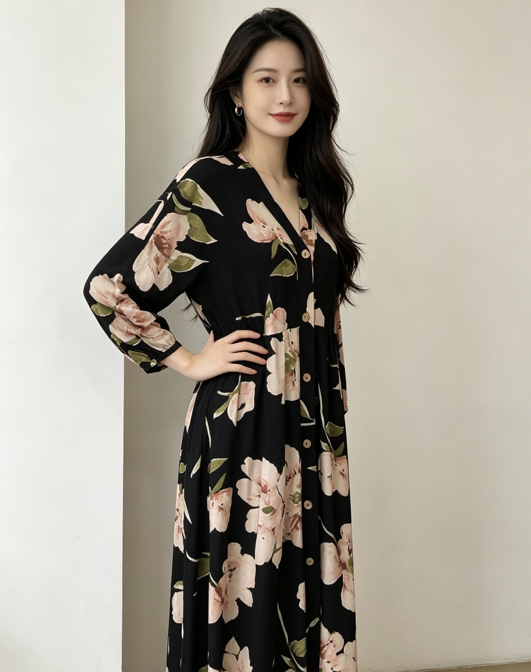 Black floral pattern long dress for women's home wear, slimming and elegant dress, pajamas for women's summer Specification image