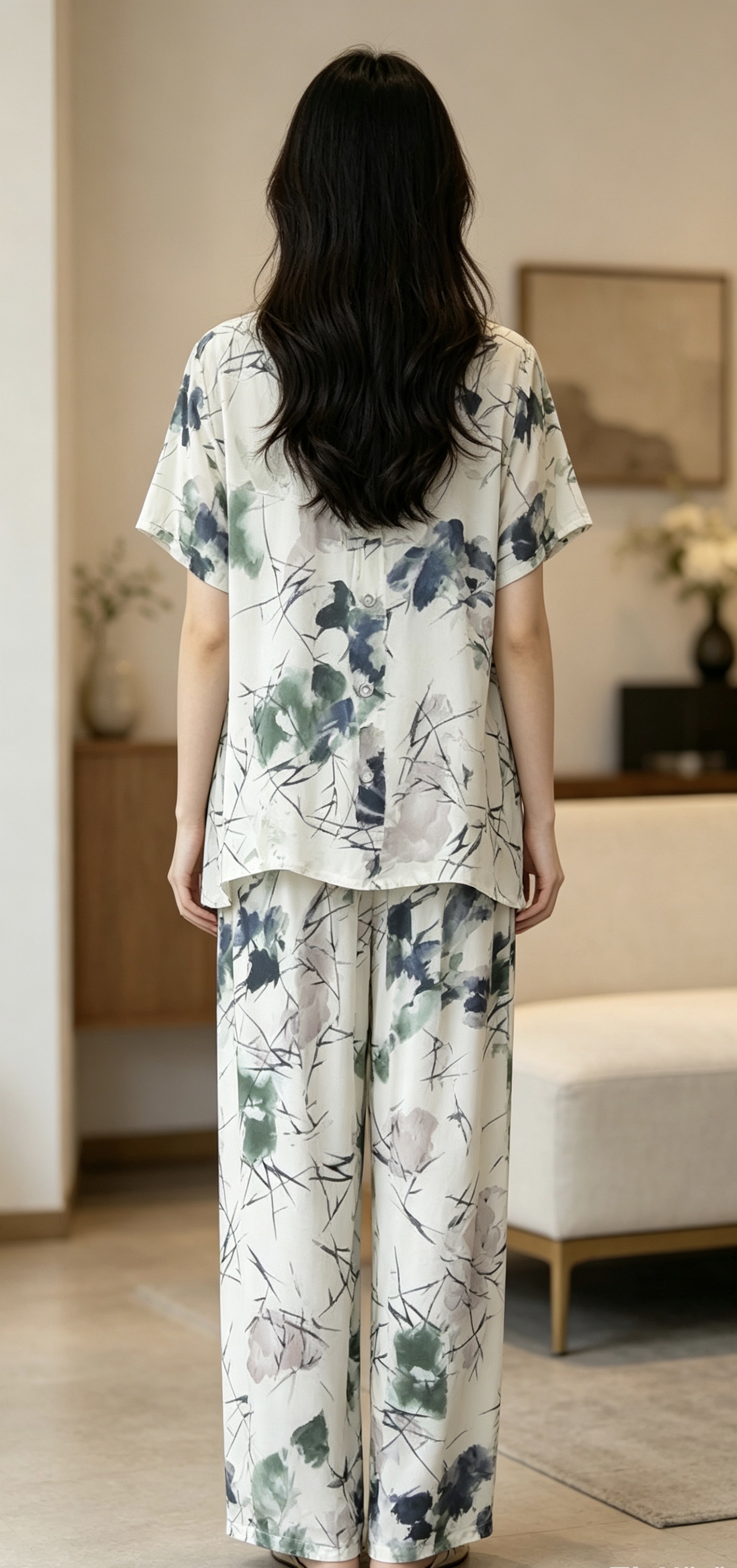 Printed pajama set for female models, comfortable and casual home wear Application Scenario
