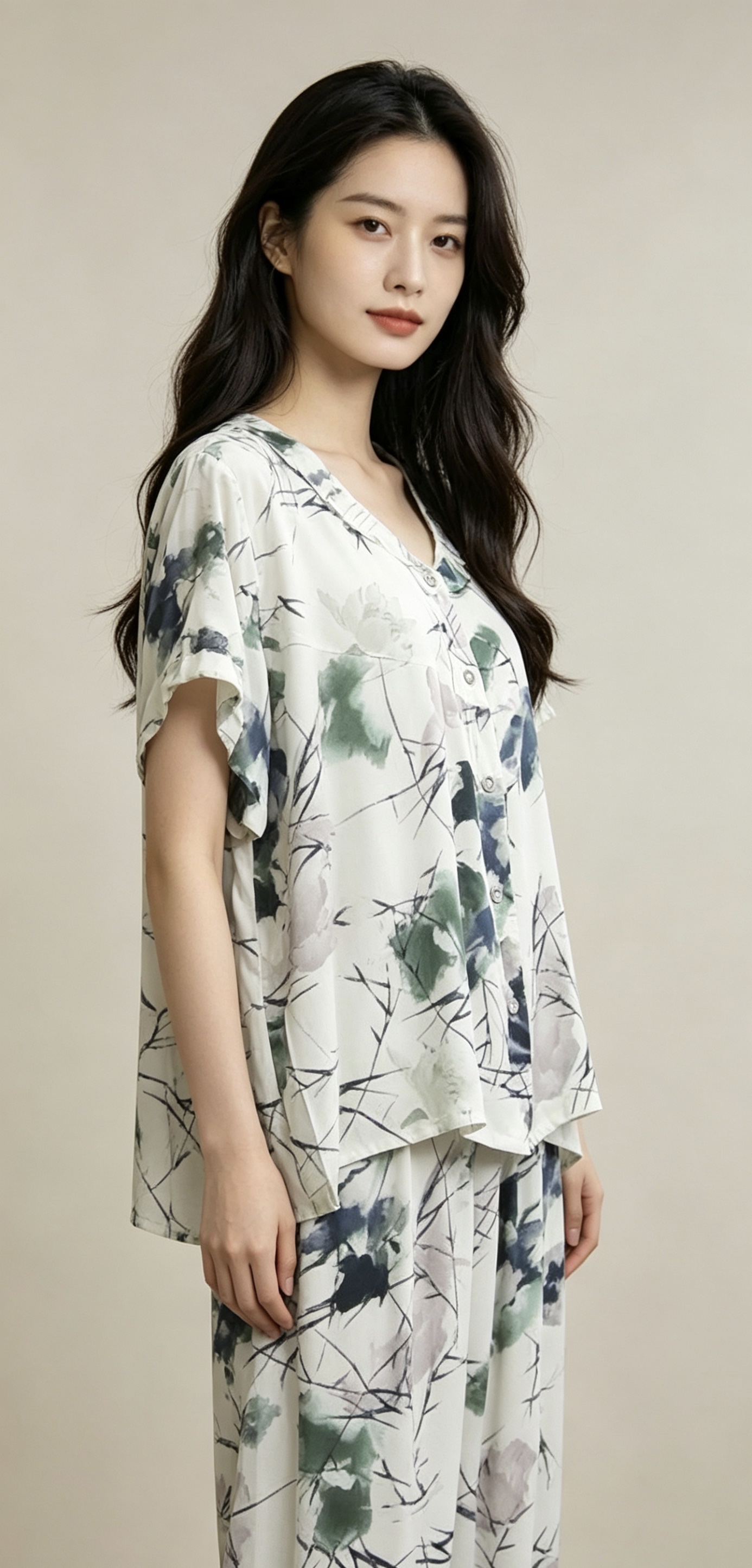 Printed pajama set for female models, comfortable and casual home wear details Picture