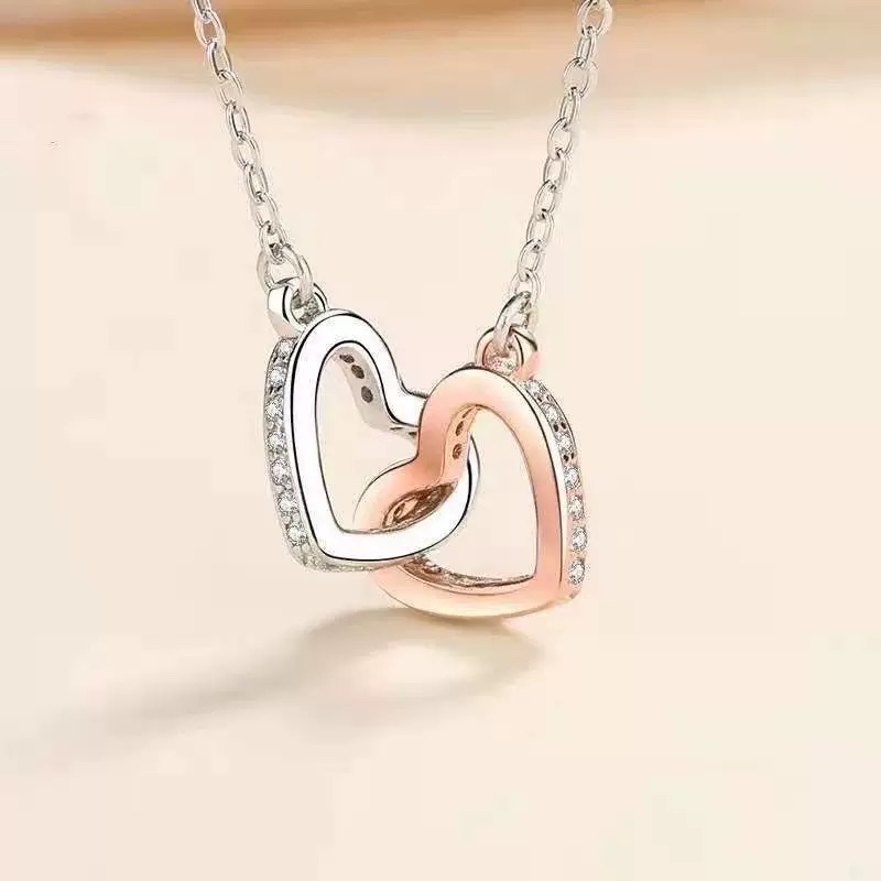 S925 Silver Heart-To-Heart Double Ring Silver Necklace, Korean Version Simple Pendant Collarbone Chain details Picture