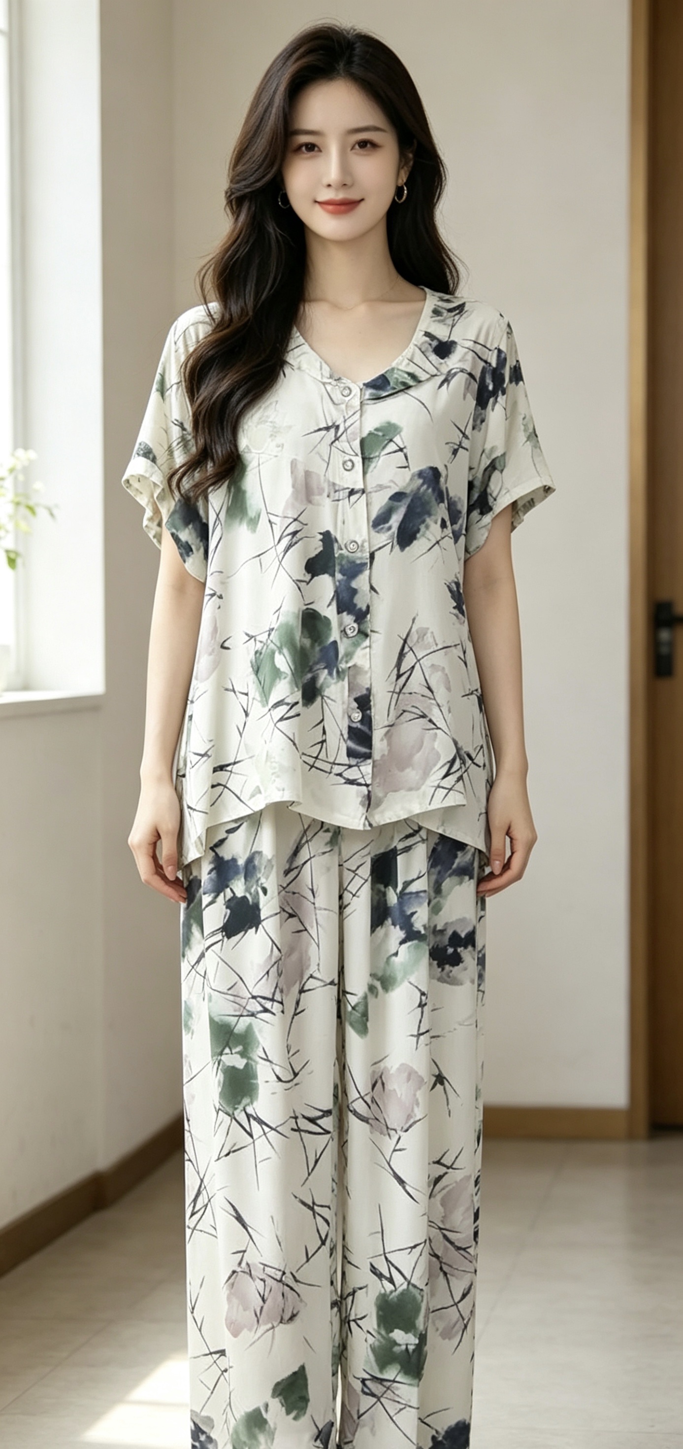 Printed pajama set for female models, comfortable and casual home wear