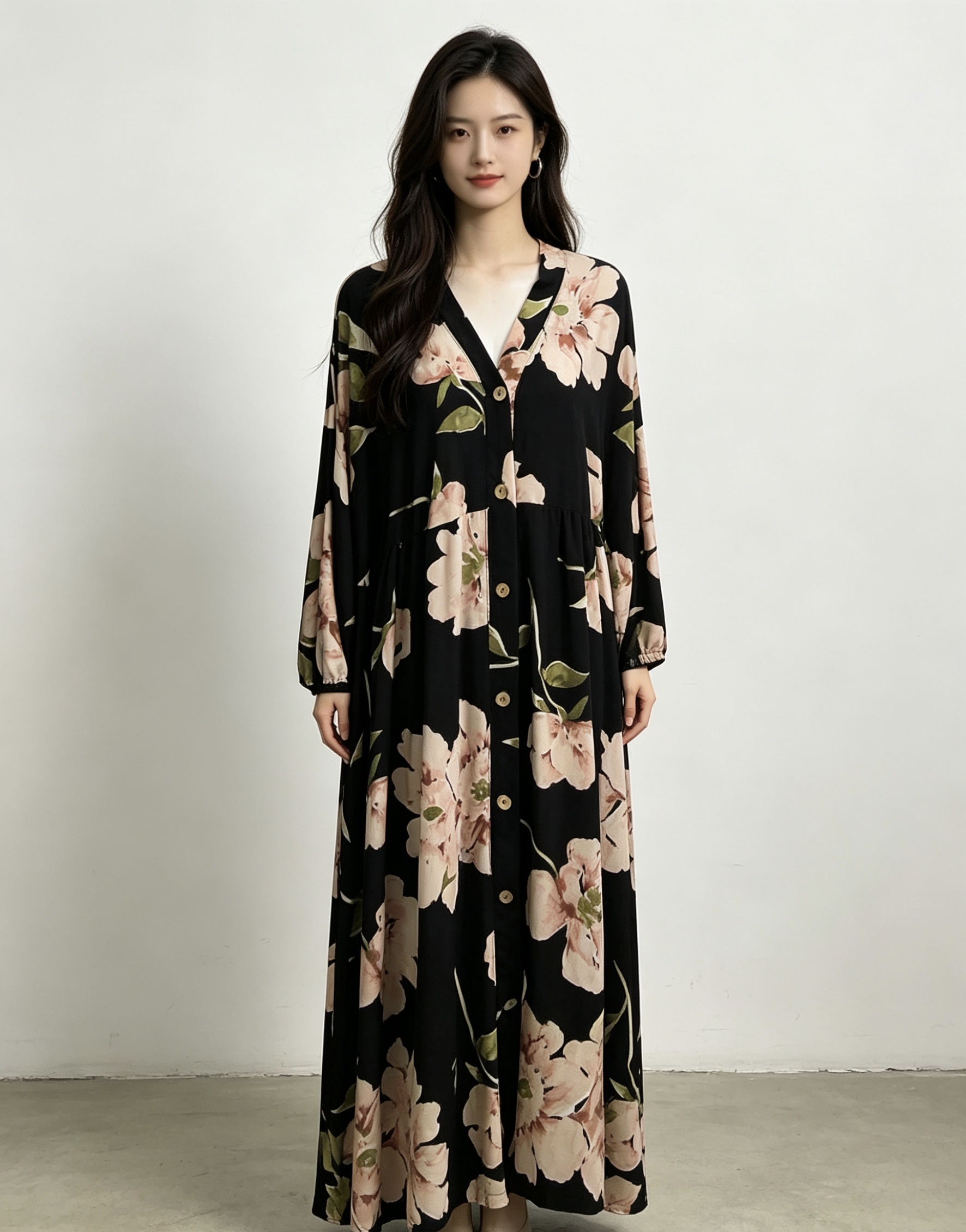 Black floral pattern long dress for women's home wear, slimming and elegant dress, pajamas for women's summer details Picture