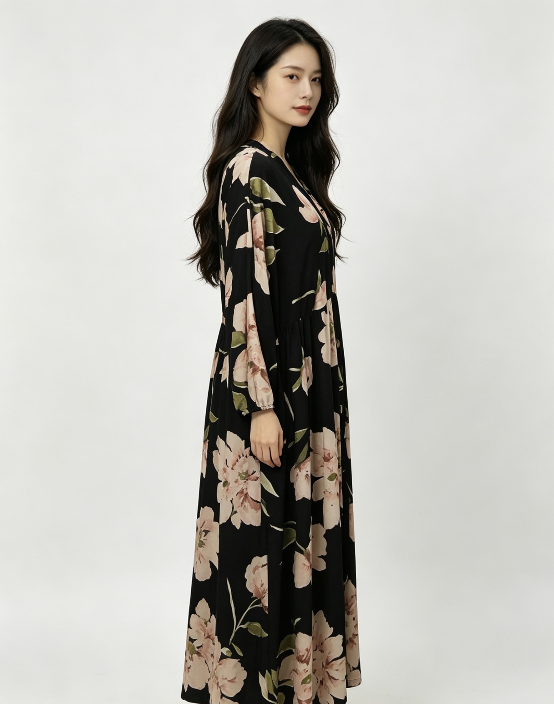 Black floral pattern long dress for women's home wear, slimming and elegant dress, pajamas for women's summer Item Picture